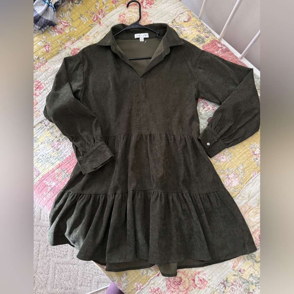 She + Sky Olive Corduroy tiered long sleeveDress